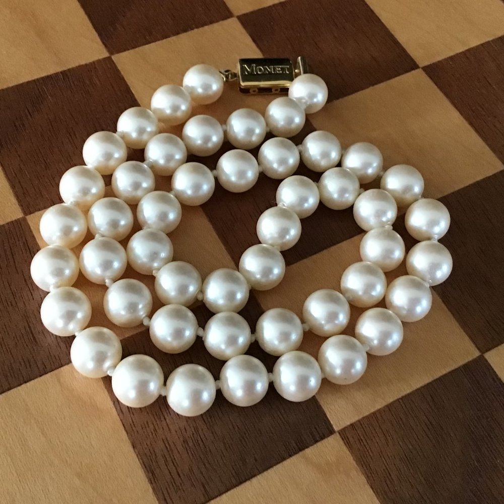 Monet Vintage Classic Faux Pearl Necklace Gold Tone Clasp Signed